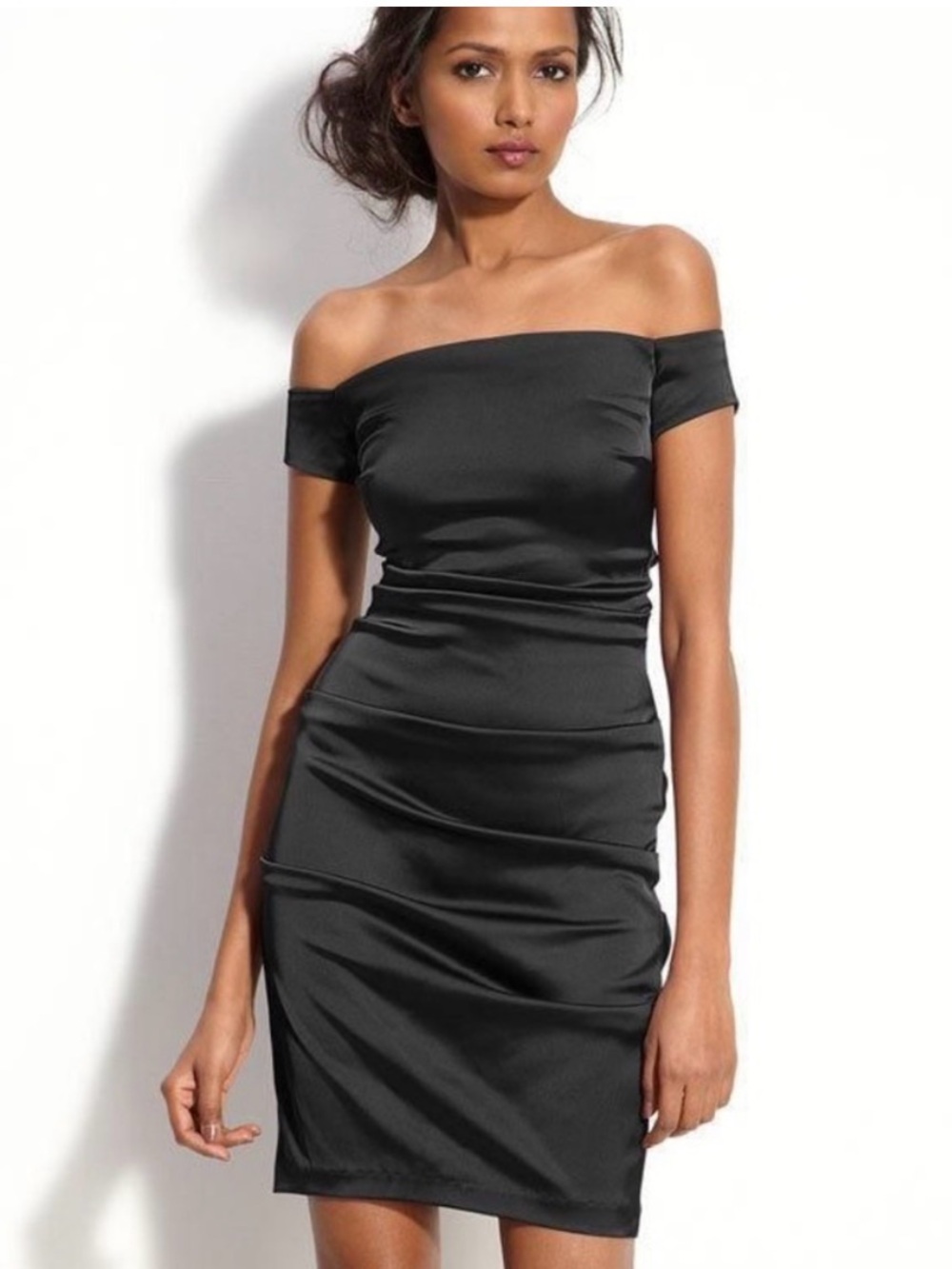 Betsy & Adam LBD Off Shoulder Satin Bodycon Dress sz 4